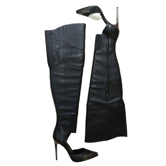 BCBGMAXAZARIA Concorde Stampede Over the Knee Black Leather Lizard Boots $695 - Picture 1 of 12